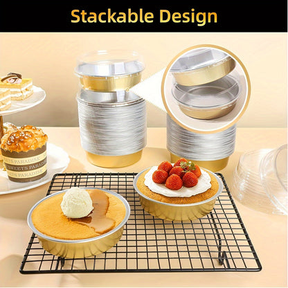 Set of 20 golden mini pie tins with lids, each measuring 10.16cm and holding 8oz. Made of disposable aluminum foil, perfect for creme brulee, tarts, and cakes. These oven-safe individual baking containers are a convenient choice for your cooking needs.