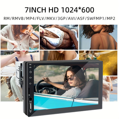 Universal car audio receiver with 7-inch touch screen, GPS navigation, wireless connectivity, and stereo output. Compatible with Android Auto and CarPlay, suitable for all vehicle models.