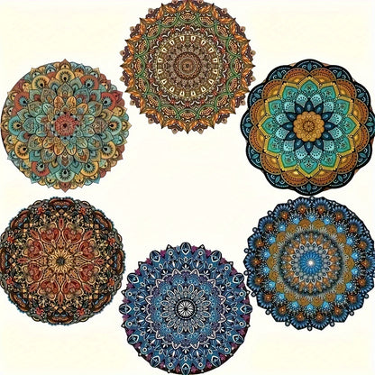 6-piece mandala flower wooden coaster set with hand washable, heat-resistant, non-slip design for drinks. Perfect for Christmas, home and office décor, and theme parties.