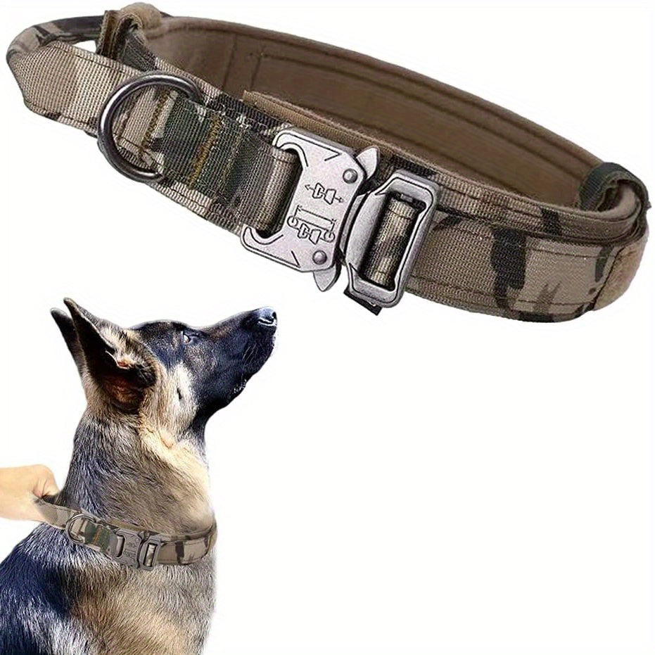 Adjustable tactical dog collar with heavy-duty metal buckle for training and walking.