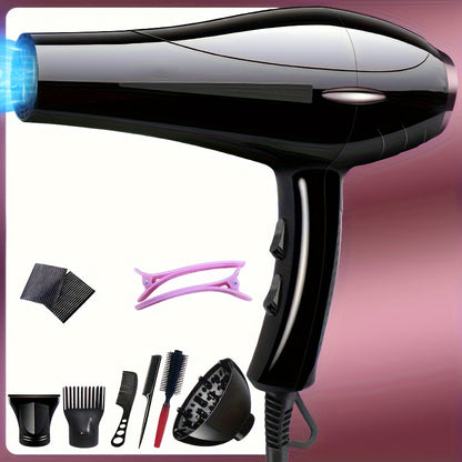 Powerful 2100W hair dryer with fixed handle and European plug. Includes nozzle, adjustable comb, and diffuser attachments. Features 1.5m-3m cord, perfect for home use.