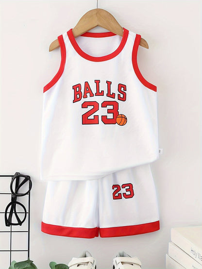 Youth #23 Basketball Jersey and Shorts Set in Red & White, 100% Polyester, Breathable, Sleeveless with Letter Print, Ideal for Spring/Summer Outdoor Sports.