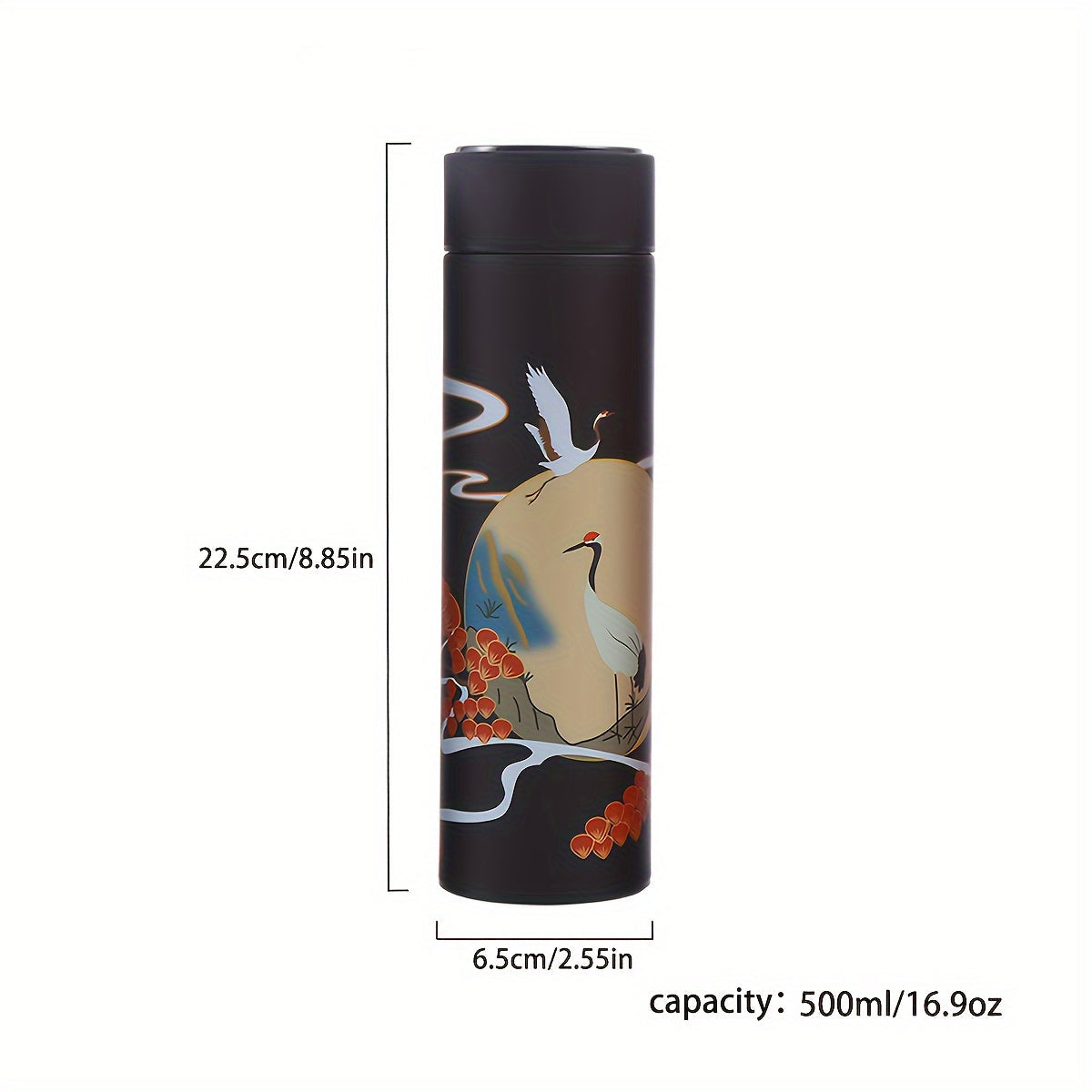 Stainless Steel Insulated Tumbler with Chinese Feng Shui Design, 500ml/16.9oz Capacity, Button Battery Powered, Hand Wash Only - Perfect for Office, Car, Sports, and More! (Battery Included, No Temperature Display)