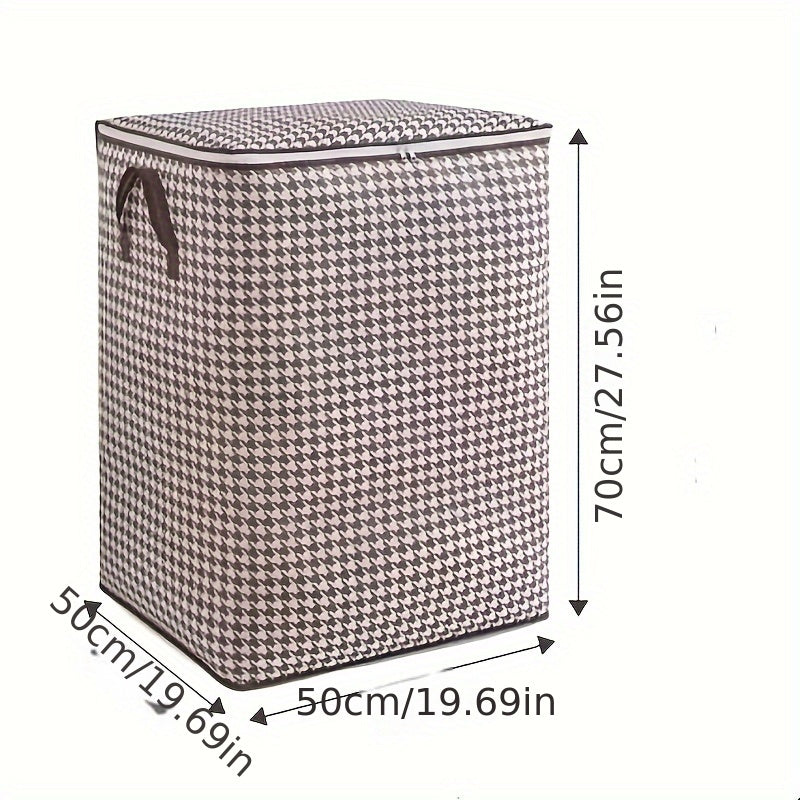 This storage box features classic houndstooth fabric with a thickened design for storing clothes, quilts, and other items. It is dustproof and moisture-proof, and includes a double zipper and handles for easy access. Perfect for use at home, while