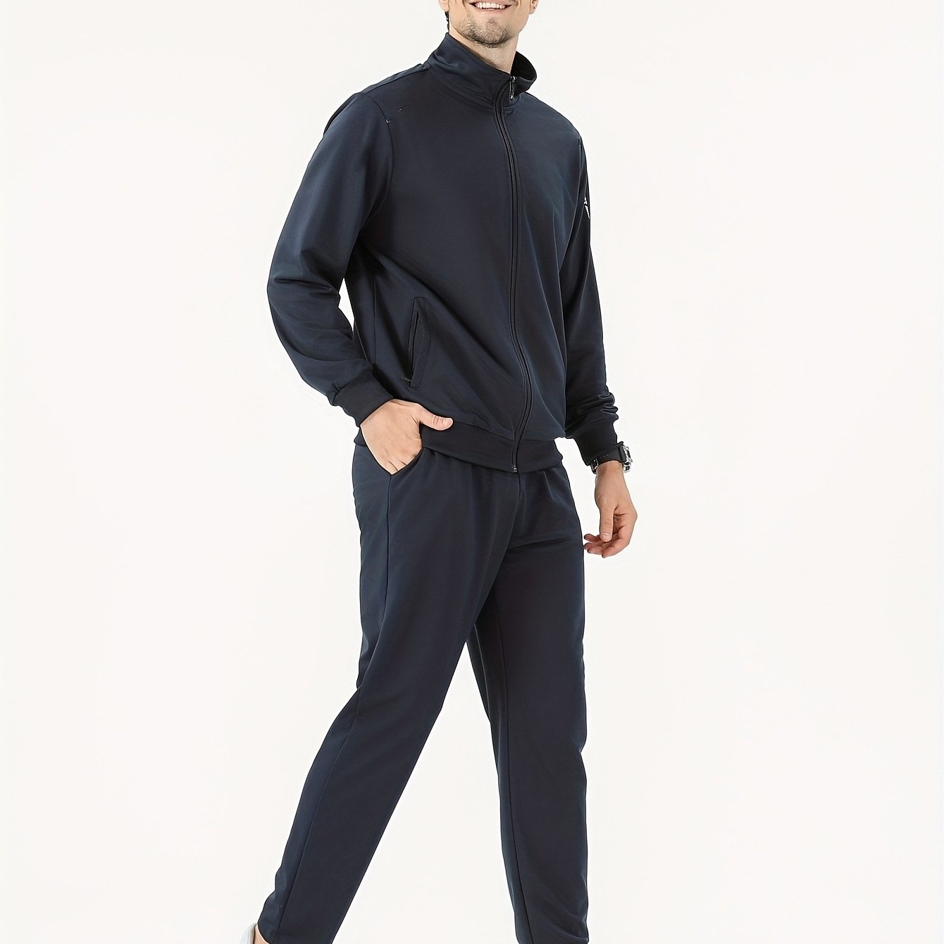 Men's two-piece casual sports suit with stand collar open shirt for spring and autumn.