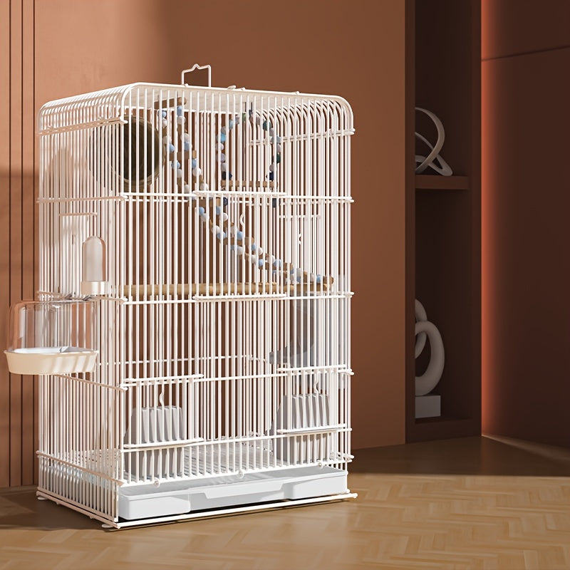 Large metal bird cage for parrots, budgies, and canaries. Spacious villa style with perches and accessories. Durable construction for indoor birds.