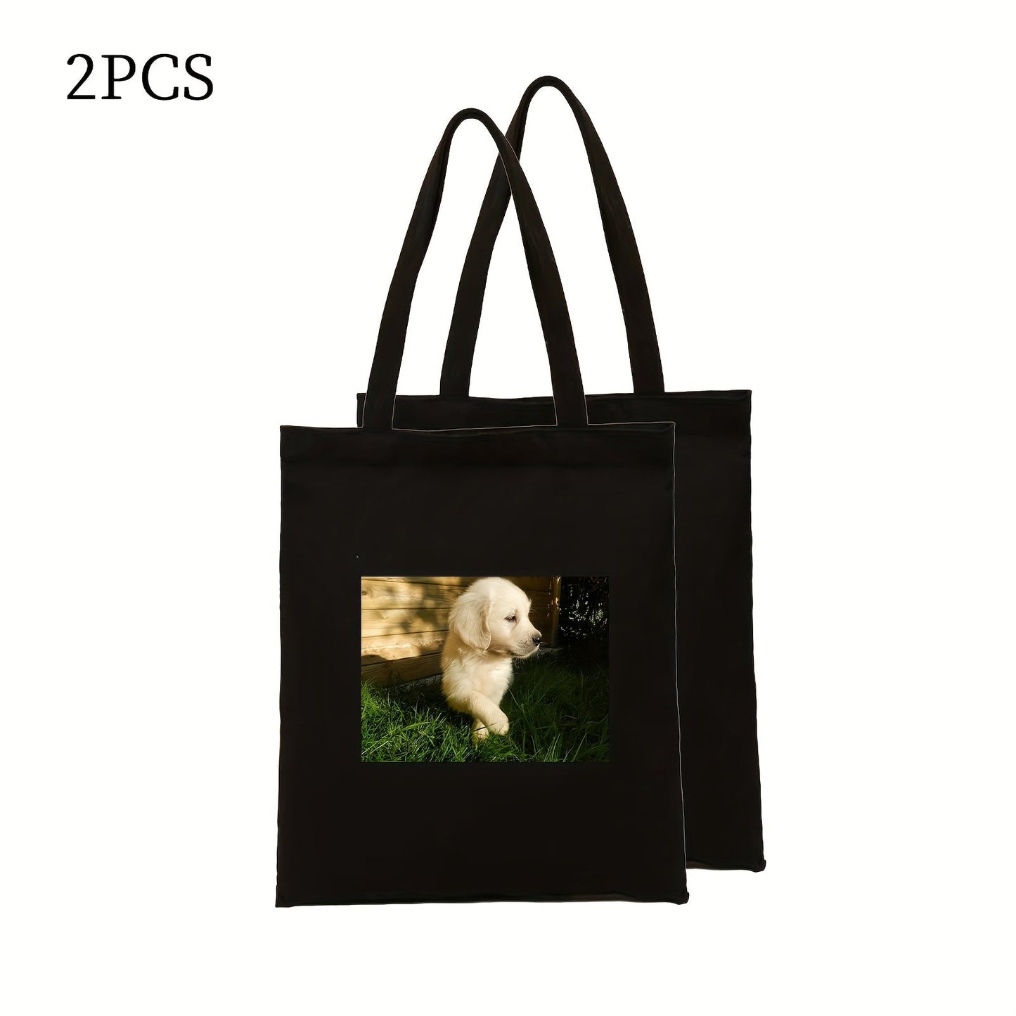 Customize your own puppy style hot print canvas bag with this pack of 2 bags. Simply send us the picture you want to use, and we will design and print it onto the canvas bag in a simple and fashionable style. Choose from 3 different colors for your bag