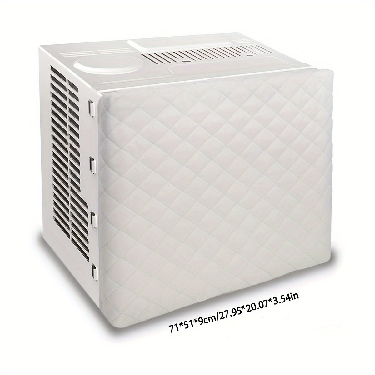 Quilted air conditioner dust cover with fitted elastic for indoor heat insulation. Made of polyurethane and polypropylene materials, no power supply required.