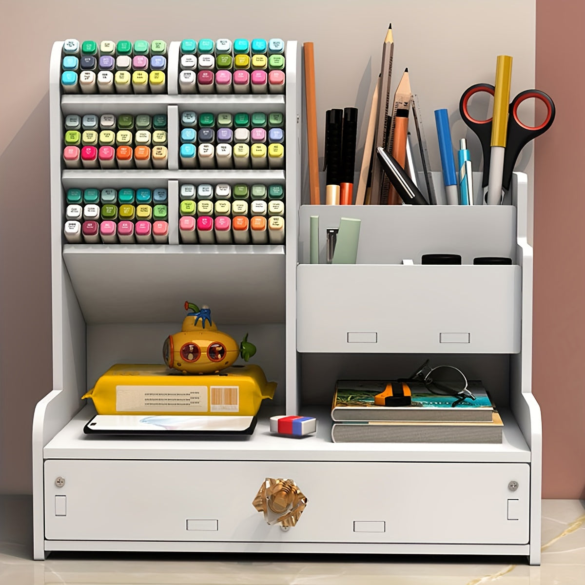 White Desktop Bookshelf with Slant Plug-in Pen Holder, Drawer and Marker Storage Box.