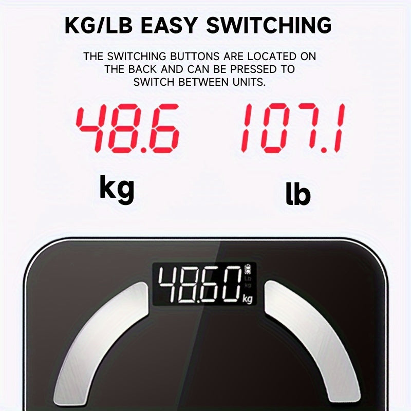 Digital bathroom scale with LCD display, 181.44 KG capacity, body analysis, muscle & moisture, mobile app connectivity, battery powered (batteries not included).