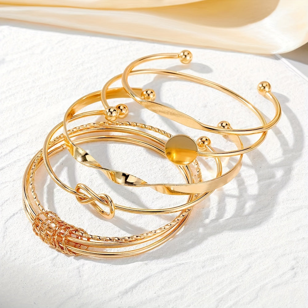 5pcs Vintage open bangle bracelets, spiral knotted geometric golden metallic set for ladies.