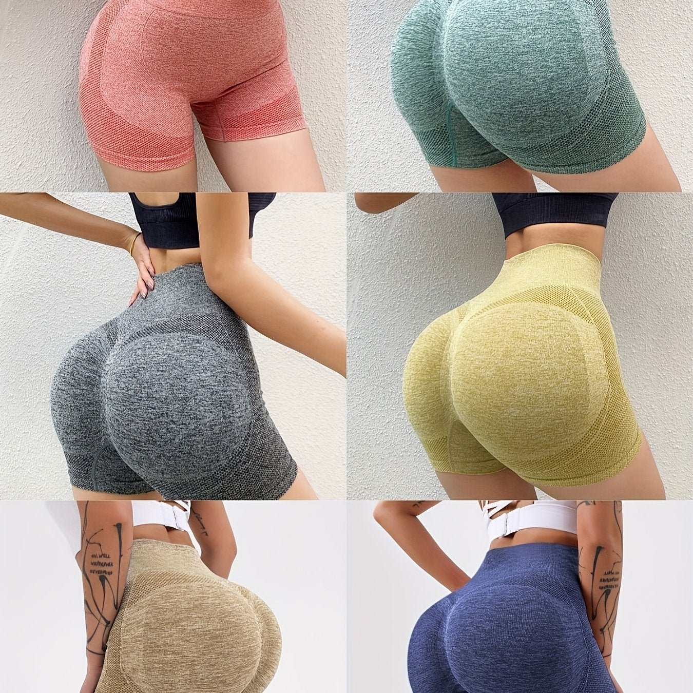 High-waisted tummy control yoga shorts with peach lift, butt lifter, made of knit polyester fabric, solid color, lined and comfortable for exercise.