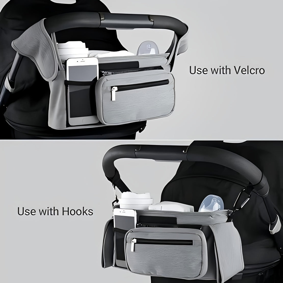 Multi-functional stroller organizer featuring an insulated cup holder, removable phone pocket, and shoulder strap - Compatible with Uppababy, Youngsters Jogger, Britax, BOB, and other strollers.