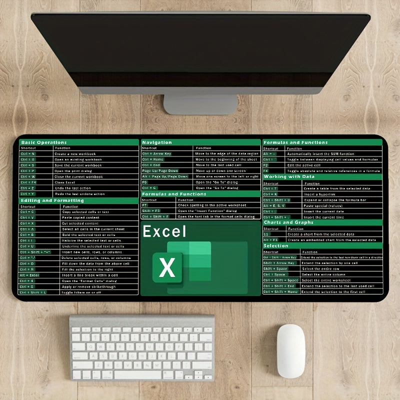 Excel Keyboard Shortcuts Mouse Pad with Large Rubber Base, Water-Resistant Fabric Surface for Gaming and Office Precision Control.