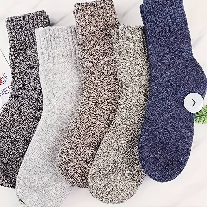 5 pairs of men's thick wool blend mid-calf winter socks in solid colors, soft and warm for casual or cold weather. Gift-ready packaging, quality fabric.