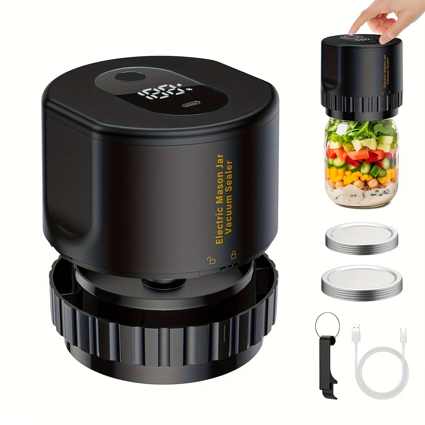 The Cordless USB Rechargeable Electric Mason Jar Vacuum Sealer Set includes a plastic vacuum seal machine with 10 lids. It features a built-in lithium battery with 1200mAh capacity, 5W semi-automatic operation, and is ideal for food preservation and