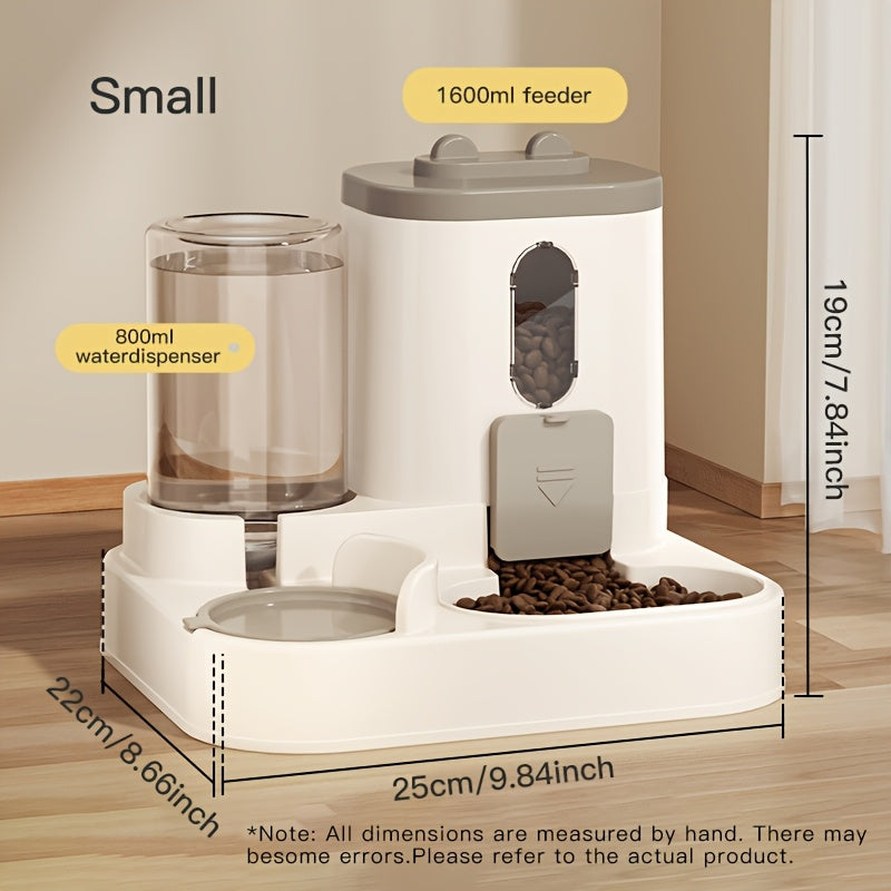 Dual bowl ergonomic cat feeder and water dispenser set made of plastic for cats, featuring automatic food and water feeding for neck-friendly use.