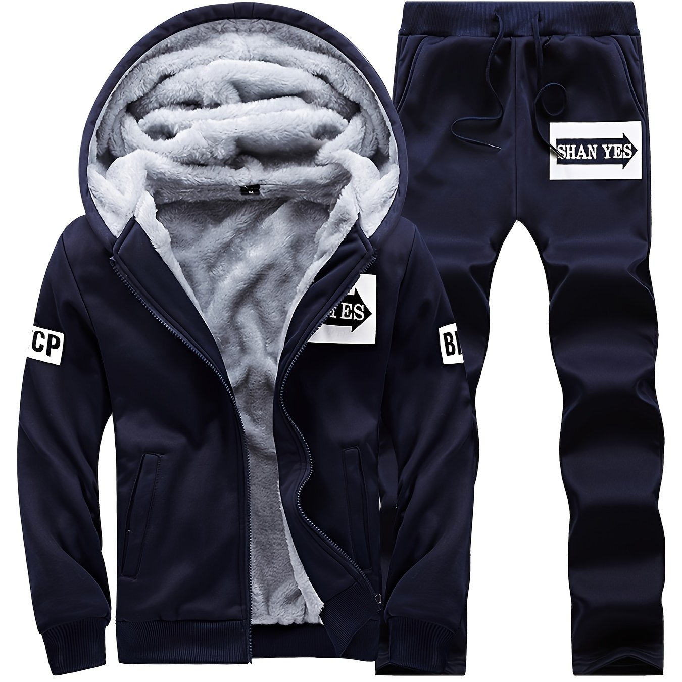 Men's winter sportswear set includes a fleece-lined hooded jacket and joggers with pockets.