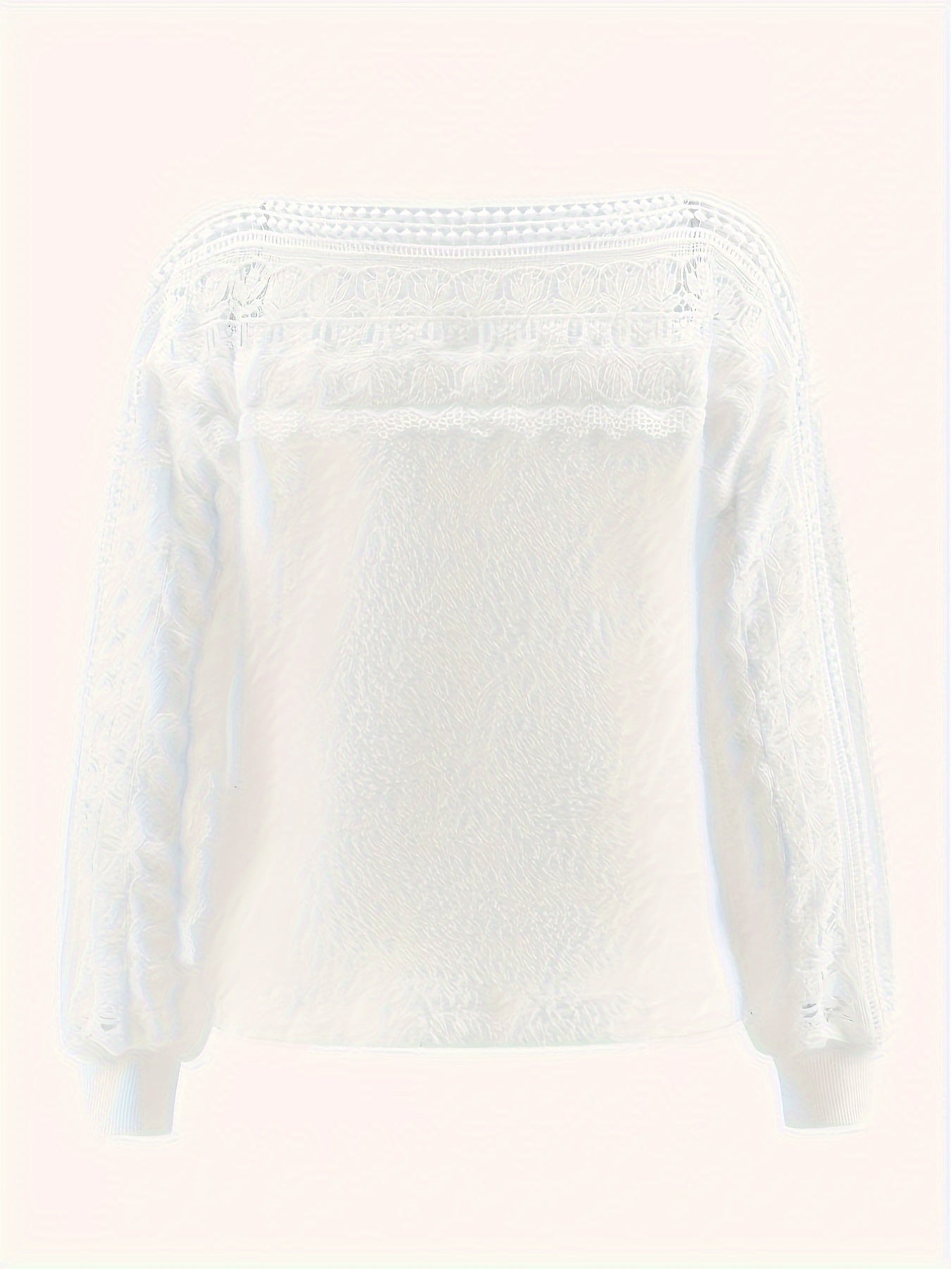 Stylish white lace-trimmed sleepwear top for women made of soft polyester with long sleeves, round neck, and machine washable - perfect for chic fashion in Spring/Summer/Fall.