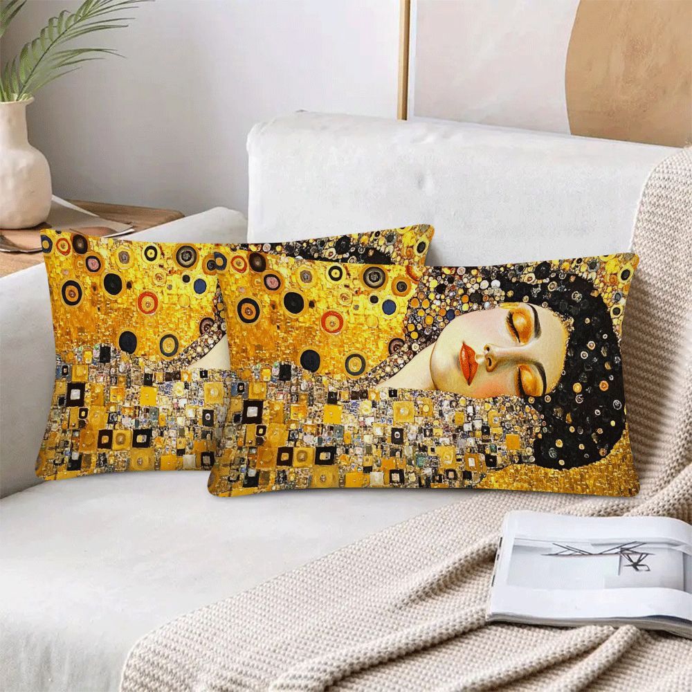 Set of 2 Gustav Klimt's Kiss Abstract Oil Painting Pillow Covers, measuring 50.8*30.48cm each. Perfect for adding a modern touch to neutral sofas, bedrooms, and living rooms. Great for camping, outdoor sofas, tents, and car accessories. (Pillow mats not