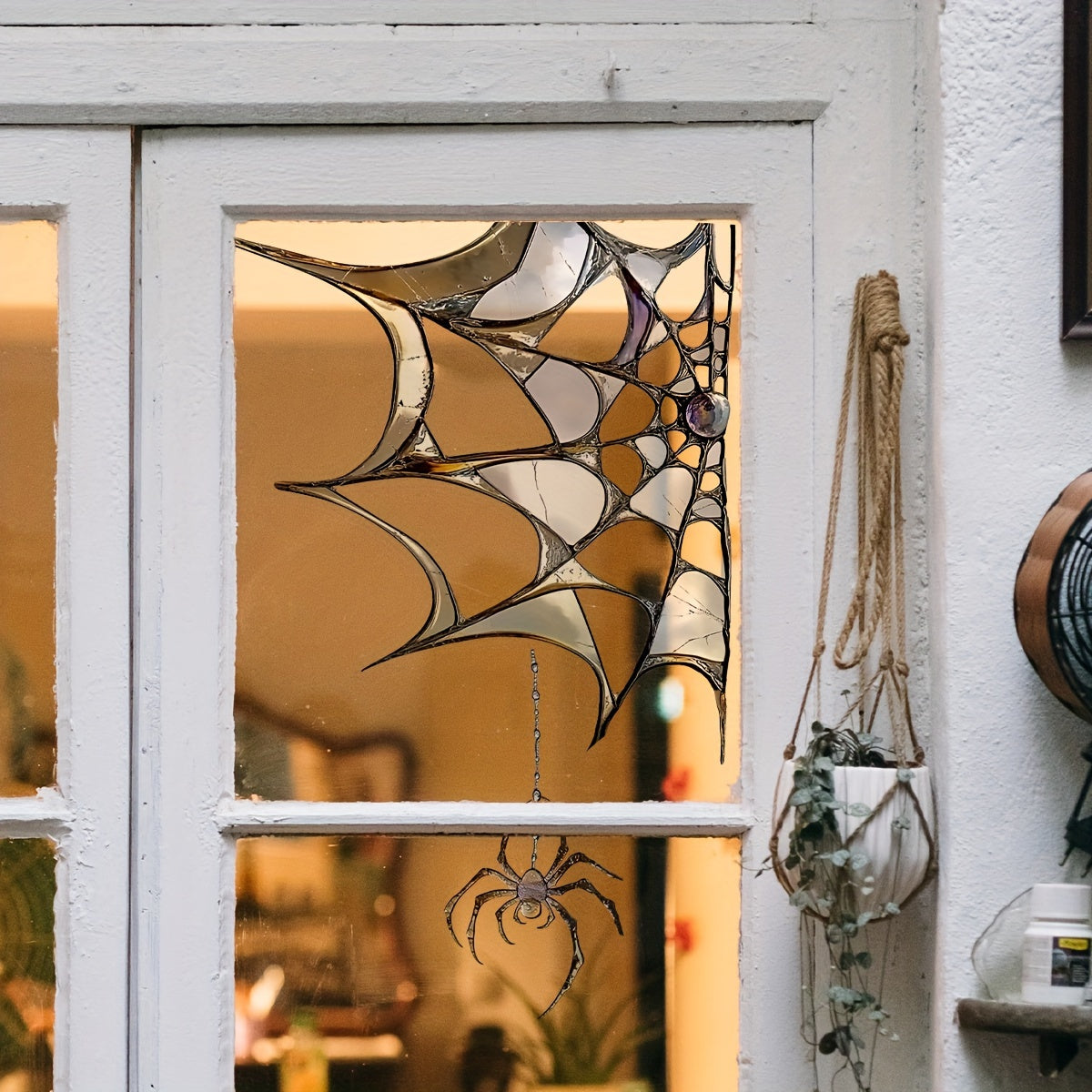 Halloween-themed Spider Web Window Film Decal, with a modern twist. Made from Static Cling PVC material that is reusable and easy to apply. Featuring a 5mil thickness for durability, this decal showcases a striking Spider and Web Design with double-sided