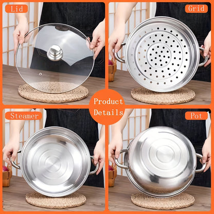 High-quality stainless steel double-layer steamer set suitable for both induction and gas stoves, ideal for cooking and entertaining.