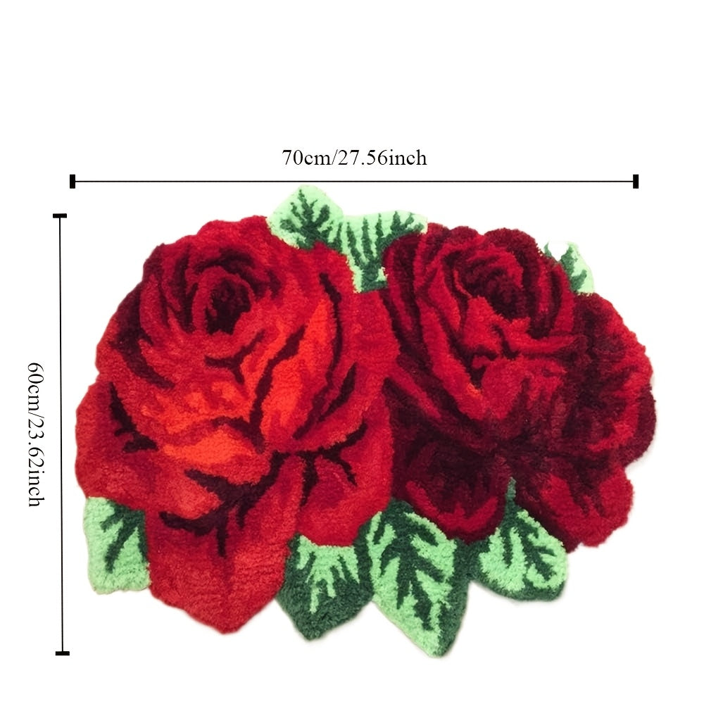 Valentine's Day Decor - Crystal Velvet Rose Flower Bath Rug with Non-Slip Backing, Made of Knit Fabric, 100% Polyester, 750gsm, 1cm Thickness, Suitable for Bathroom, Living Room, Bedroom, and Study