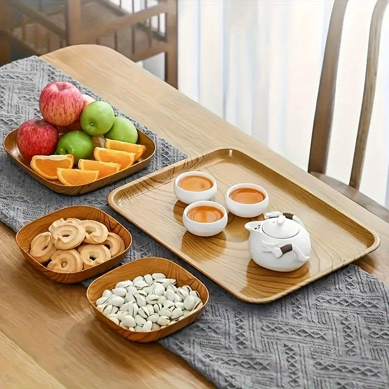 8-piece set of durable and easy-to-clean plastic serving plates with Japanese wood grain design, perfect for serving snacks, fruit, candy, and desserts.