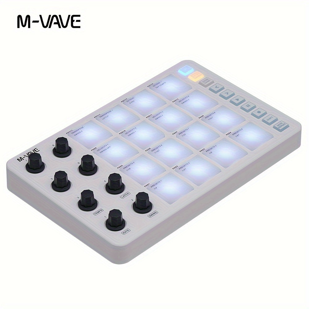 Portable MIDI controller with USB charging, 2000mAh battery, wireless capabilities, ≤36V voltage, and USB-C interface, ideal for percussion keyboard use.