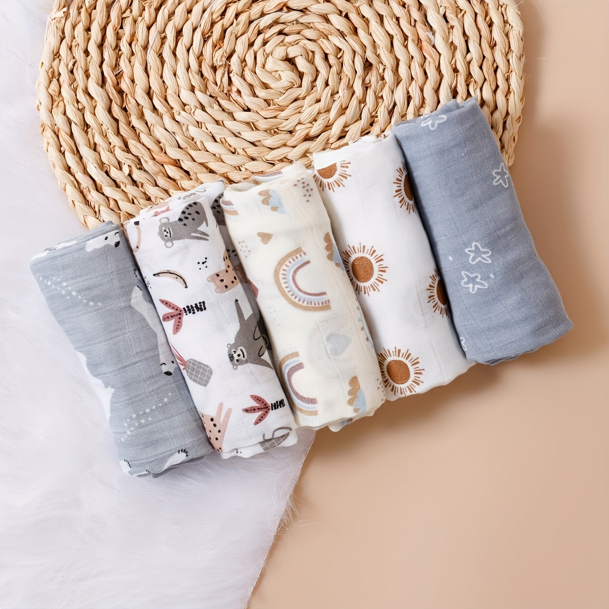 Introducing the versatile Bamboo Muslin Swaddle Feeding Burp Cloths Set, featuring 5 pieces measuring 59.99*59.99cm each. These super soft cloths can be used as face towels, hand towels, and even as bibs, adorned with a colorful rainbow and animal print