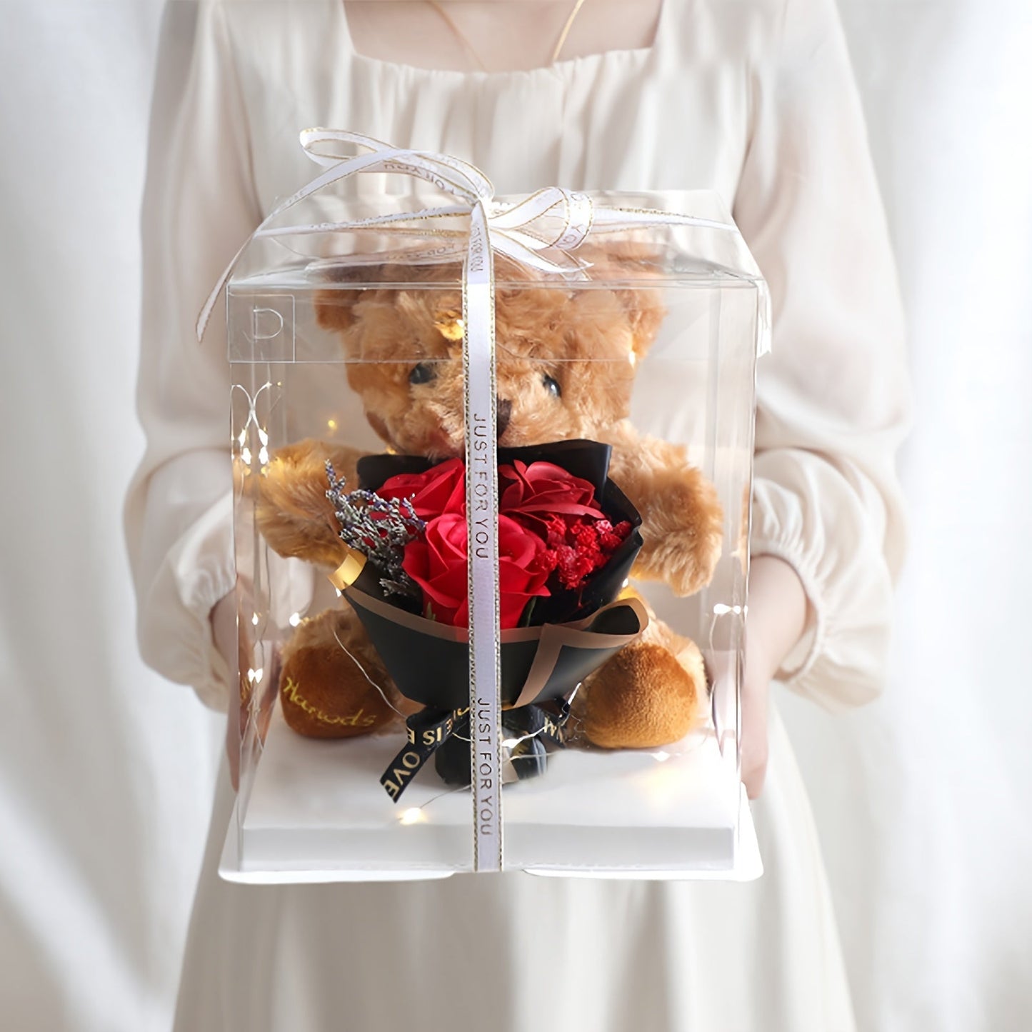 Valentine's Day Gift Box featuring a Adorable Bear Bouquet, Soap Flower Bear Holding Flower Main Gift, Ideal for Christmas, Birthdays, Nurse's Day, Teacher's Day, and other Special Occasions. Simple Assembly Required. Great All-Purpose Gift Box.