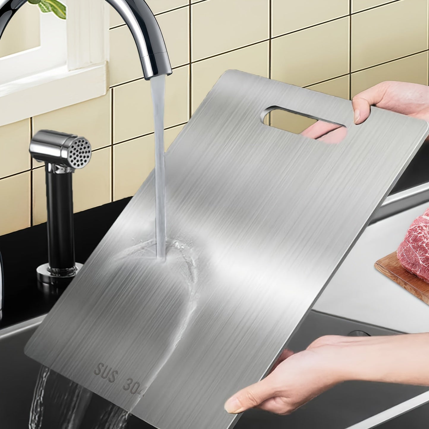 Durable Stainless Steel Cutting Board, with double-sided design, measuring 22.99 x 34.04 cm. This metal cutting board is food-safe, easy to clean, and suitable for cutting meat, vegetables, and fruits.