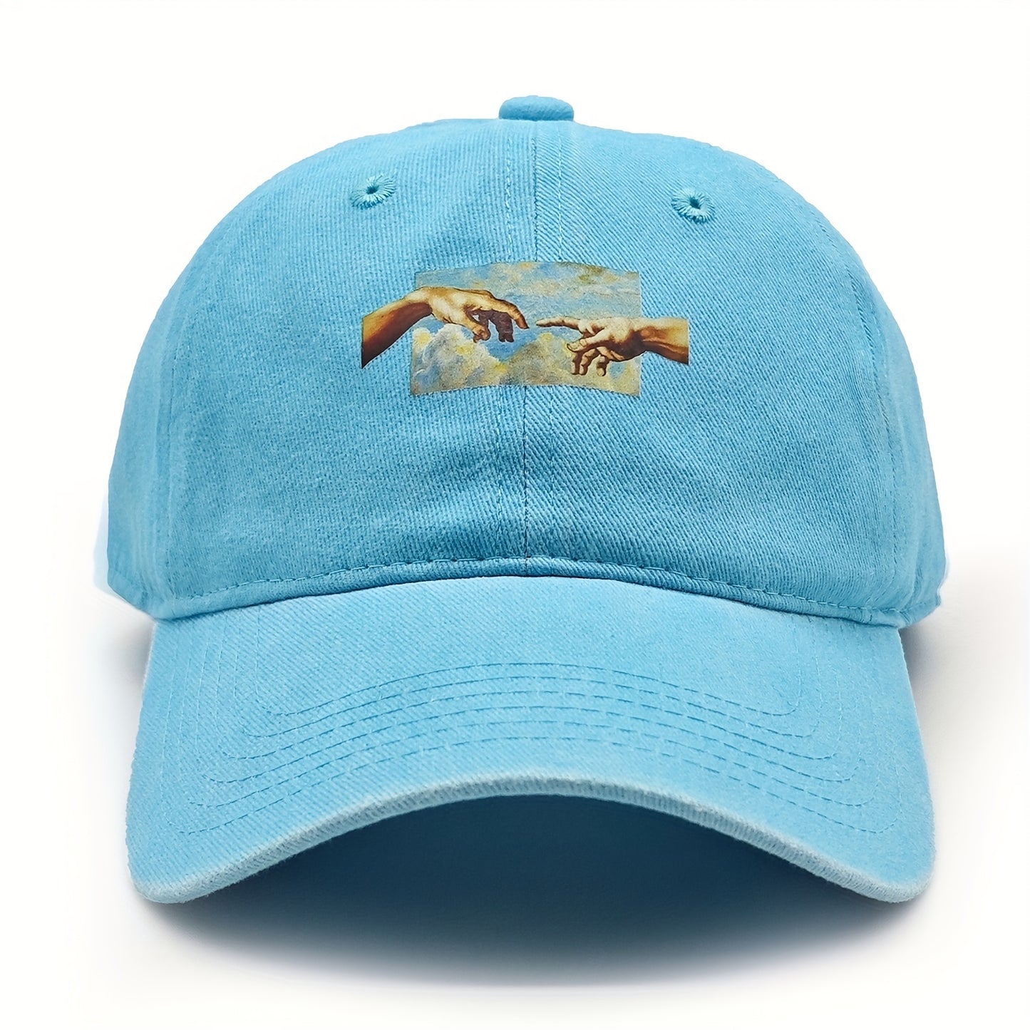 Vintage oil painting print baseball cap made of breathable polyester with casual embroidery. Features a flag theme, adjustable fit, and is hand washable.