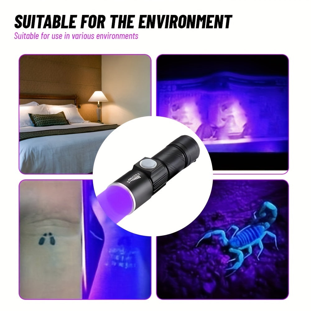 1pc Rechargeable UV flashlight for detecting pet urine stains, curing resin, and hunting scorpions.