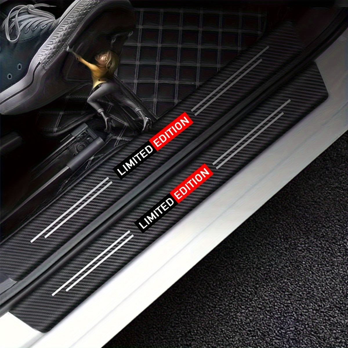 Carbon fiber protective stickers for car doors and trunk sills, suitable for multiple car brands.