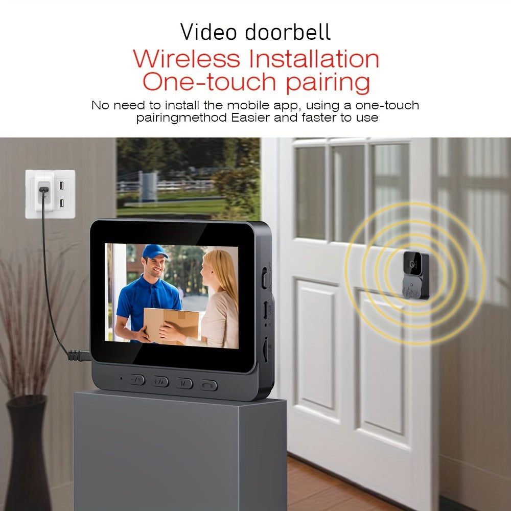 Wireless Video Doorbell with 10.92 cm screen, infrared night vision, two-way speaking, long battery life, and easy connection without the need for an app.