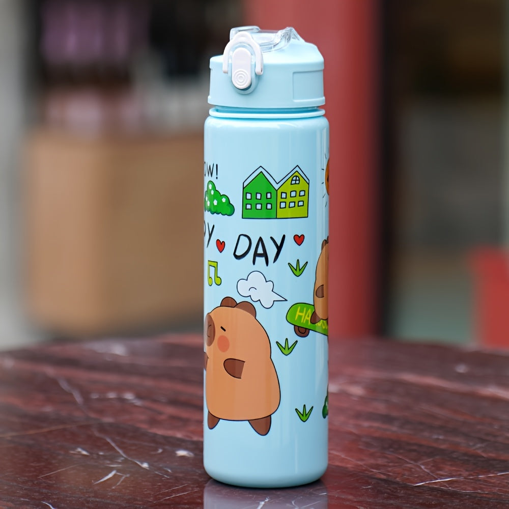 Cute cartoon water bottle (21oz) with leak-proof flip cap and straw, perfect for school, travel, outdoor activities. PVC-free plastic, hand wash only. Suitable for climbing and various holidays and celebrations.