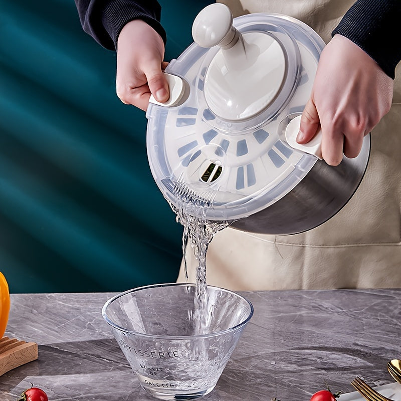 Manual Stainless Steel Salad Spinner Dehydrator: Hand-Powered Basket for Home Kitchen - Electricity-Free Operation