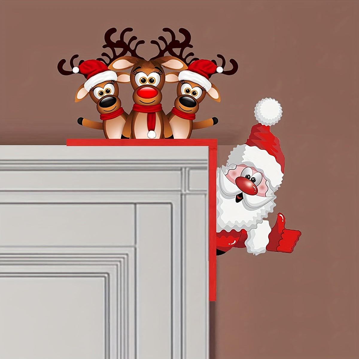 Santa and Reindeer Christmas Door Corner Sign - Wooden Sculpture for Indoor and Outdoor Décor.