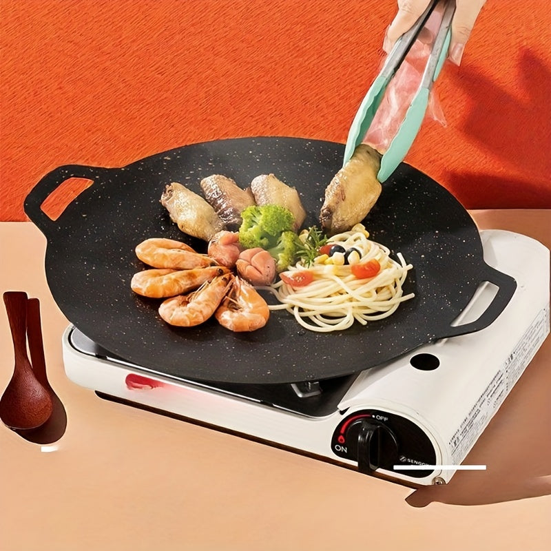 Round, non-stick Stainless Steel BBQ Grill Pan perfect for outdoor cooking and family gatherings - Multipurpose and adaptable.