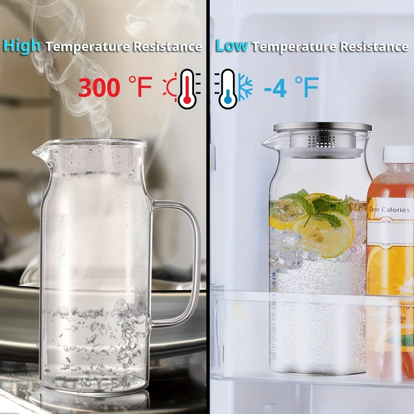 Large glass pitcher with lid and spout, perfect for hot/cold beverages like coffee, juice, and homemade drinks. Great holiday gift for friends, kitchen accessory.