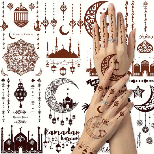 10 sheets of Ramadan temporary tattoos for men and women for Eid Al-Fitr festival decorations and body art.