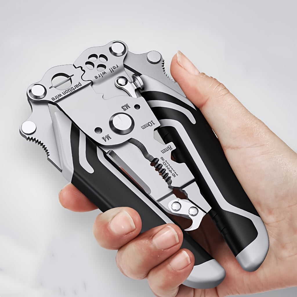 Multi-functional wire stripper tool for various tasks like stripping, cutting, wrenching, twisting, pulling nails, and using as a screwdriver. Features convenient storage and is ideal for