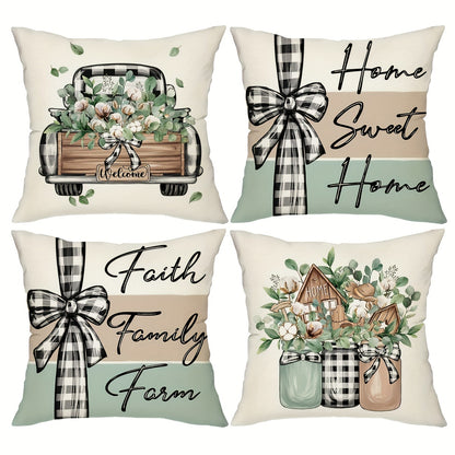 Set of 4 Farmhouse Throw Pillow Covers featuring Eucalyptus Leaves and Stripe design, measuring 45.72*45.72cm. Ideal for home decor in porch, patio, couch, sofa, living room, or outdoor spaces. Perfect gift idea, no pillow inserts included.