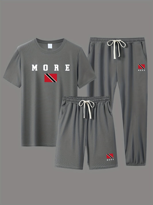 MORE Men's 3-piece Casual Sports Set: includes short sleeve T-shirt, shorts, and pants. Made for breathable summer wear.