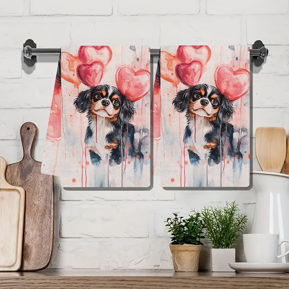 Celebrate Valentine's Day with these 2 ultra soft kitchen towels featuring a charming Cavalier King Charles Spaniel design. These highly absorbent and machine washable dish hand towels measure 40.64x60.96 cm, making them perfect for holiday decor and