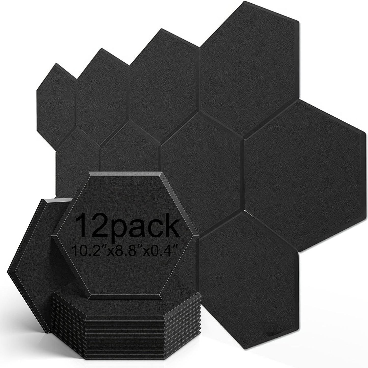 12-pack of self-adhesive hexagonal acoustic panels, sized 10.2 x 8.8 x 0.4 inches, for home, office, and recording studios.