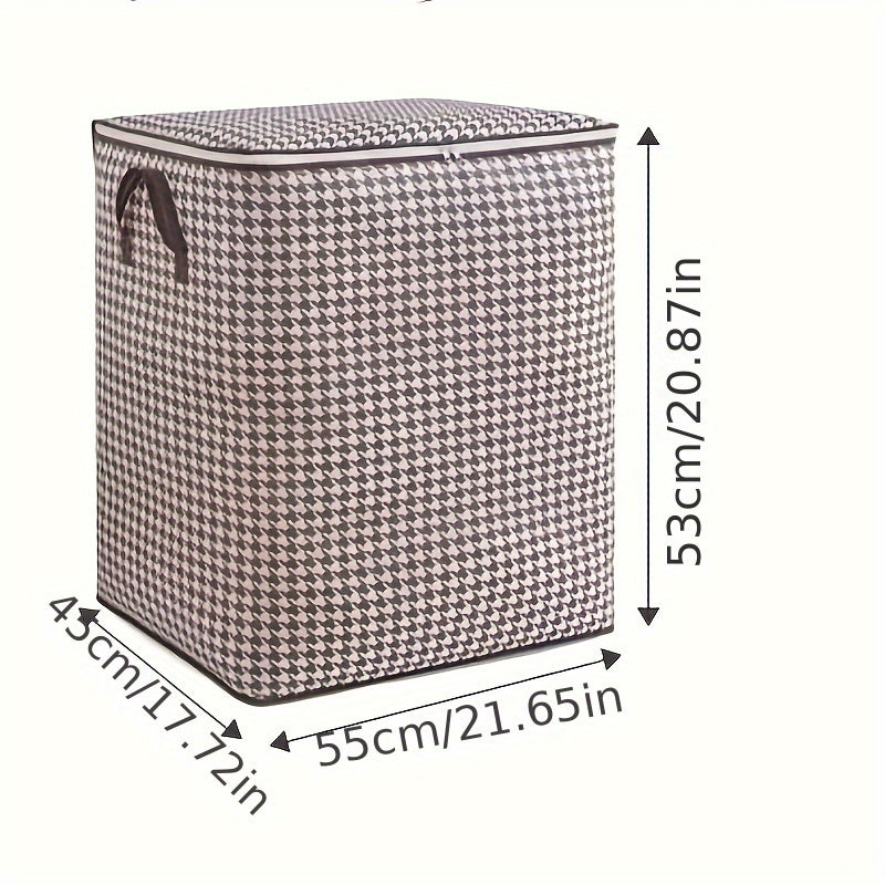 This storage box features classic houndstooth fabric with a thickened design for storing clothes, quilts, and other items. It is dustproof and moisture-proof, and includes a double zipper and handles for easy access. Perfect for use at home, while