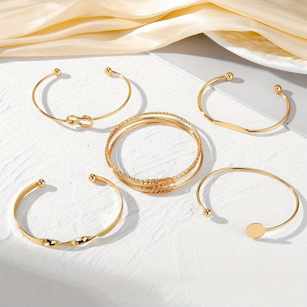 5pcs Vintage open bangle bracelets, spiral knotted geometric golden metallic set for ladies.