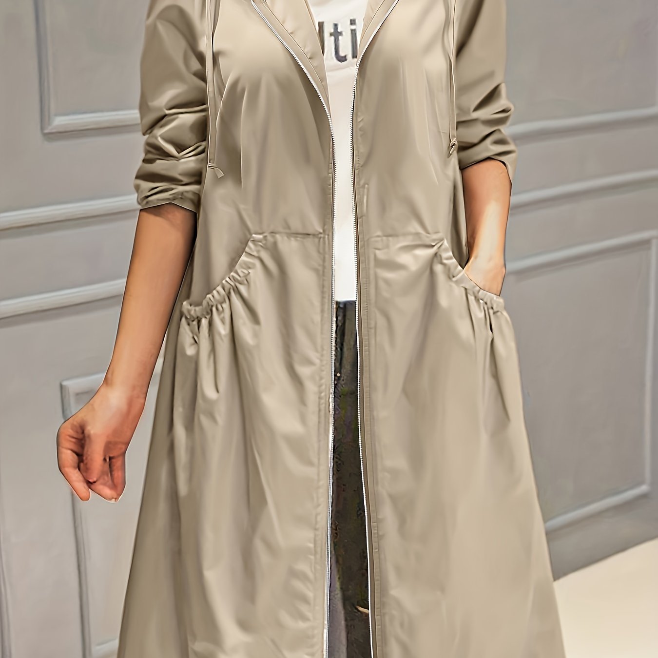 Plus Size Trench Coat with Zipper, Hood, and Pockets